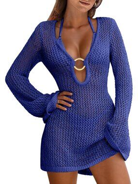Women's  Royal Blue Acrylic Crochet Mesh Bathing Cover UPS Summer Knit Swimwear